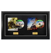 Framed collectible items including a game disc and case for 'Forza Horizon 4' on a black background.